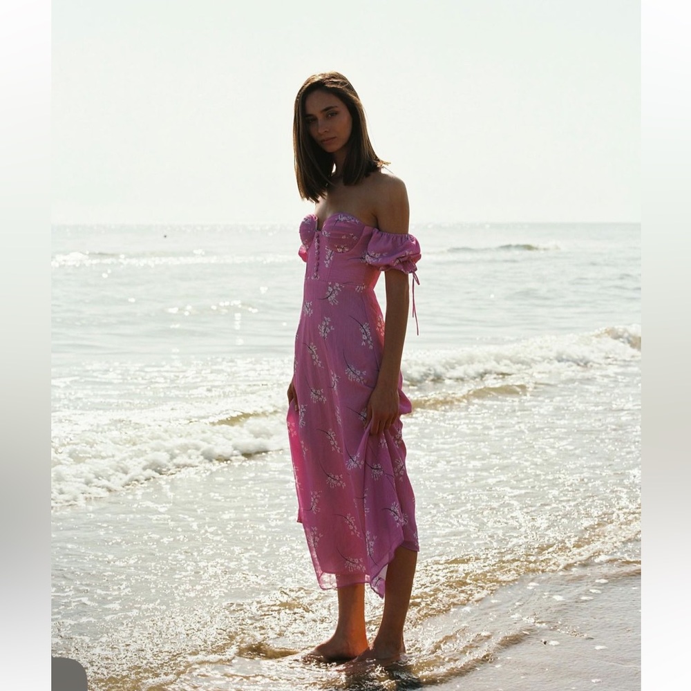 🌸ADEIRLINA Floral Puff Sleeve Midi Dress In Mauve Pink/Purple.